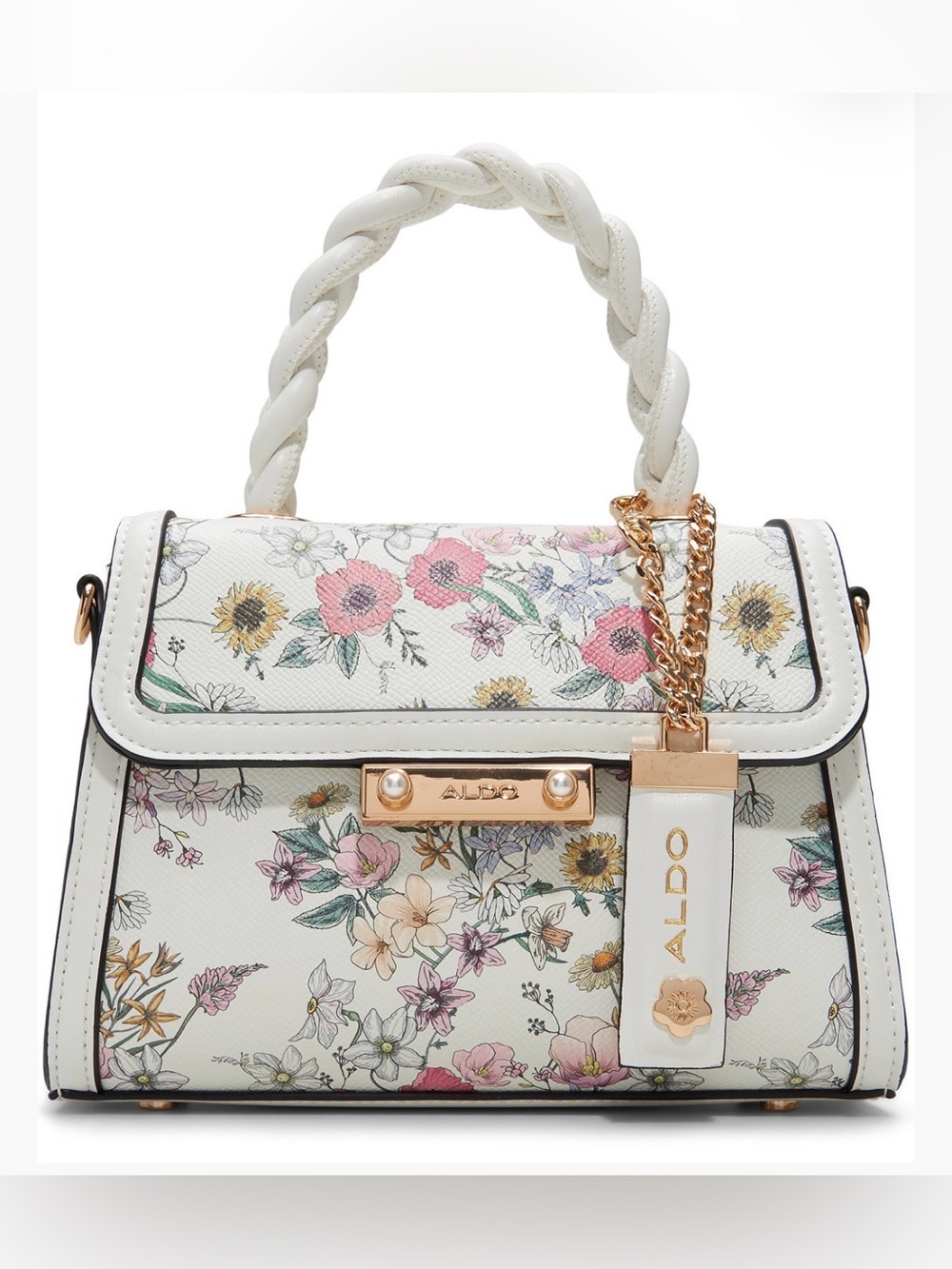 Aldo Aira White Floral Handbag with Gold Hardware and Pearl Detail NWT
